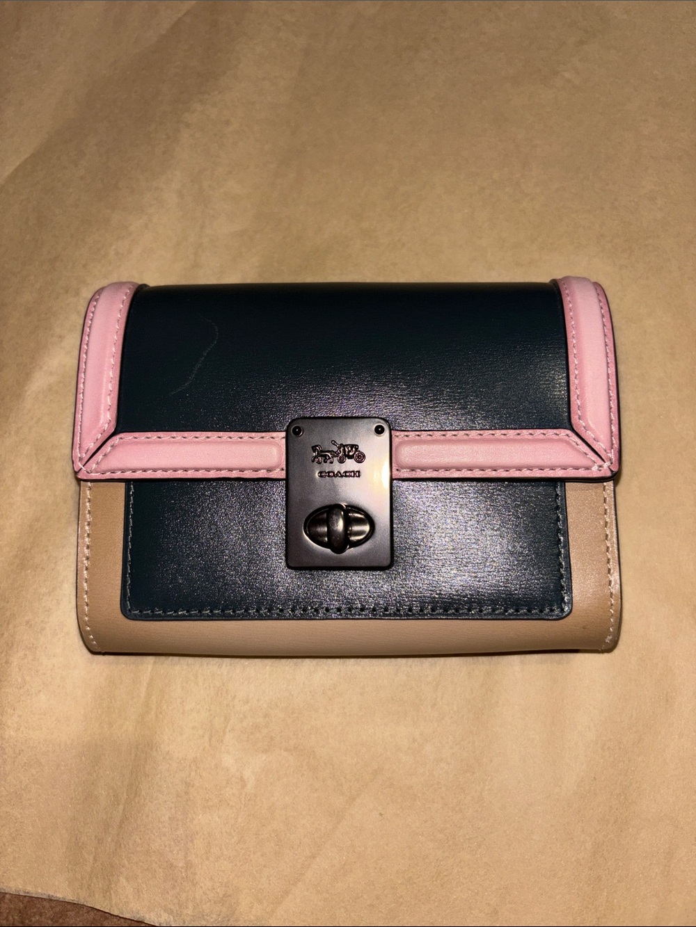 Coach Colorblock Leather Small Wallet - Navy, Pink & Tan
